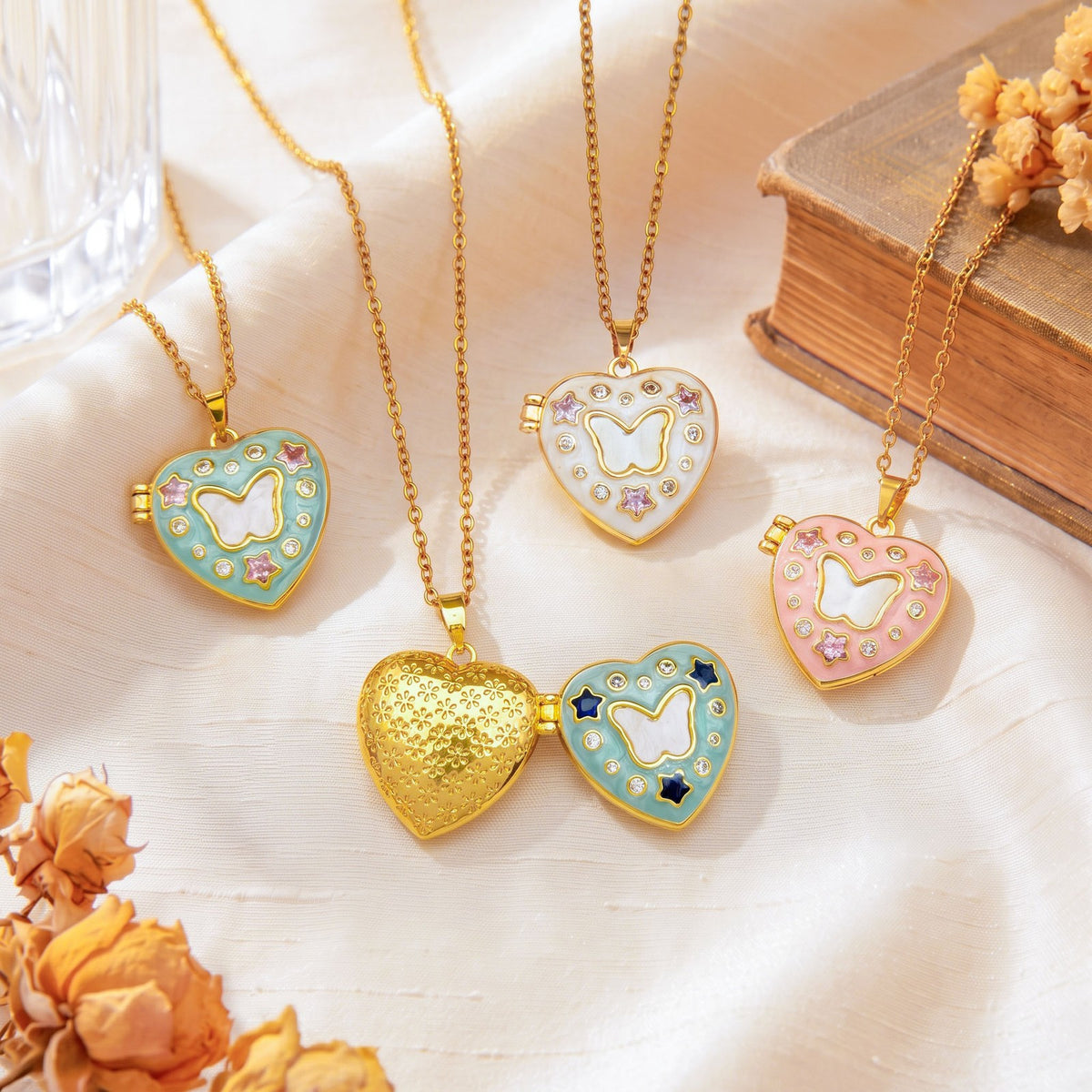 Dainty CZ Star Accented Heart Locket Necklace