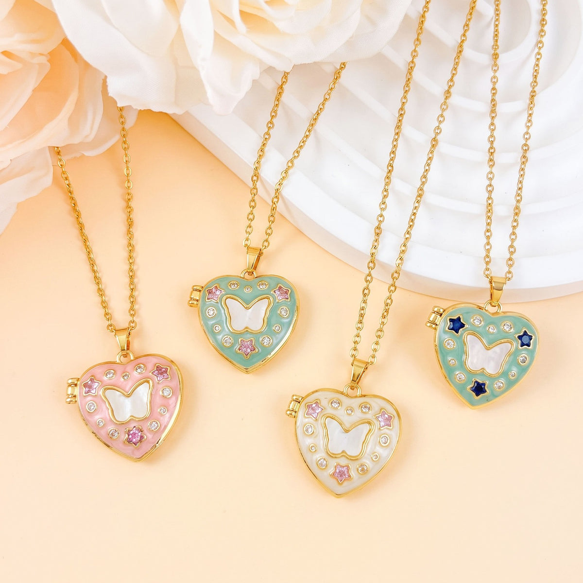 Dainty CZ Star Accented Heart Locket Necklace