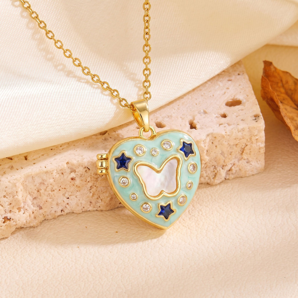 Dainty CZ Star Accented Heart Locket Necklace