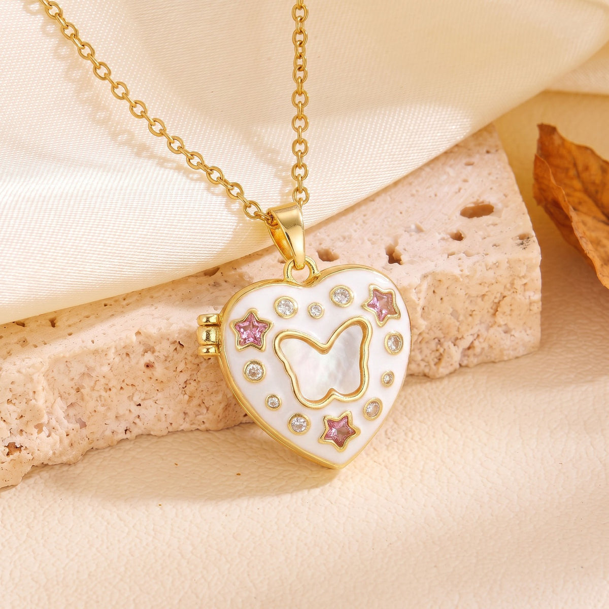 Dainty CZ Star Accented Heart Locket Necklace