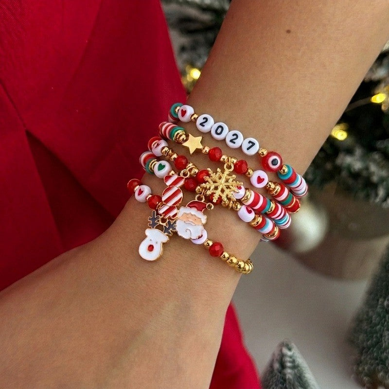 Festive Santa Snowflake Beaded Bracelet Set