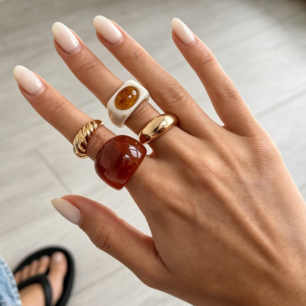Classy Amber Resin Geometric Ring Set