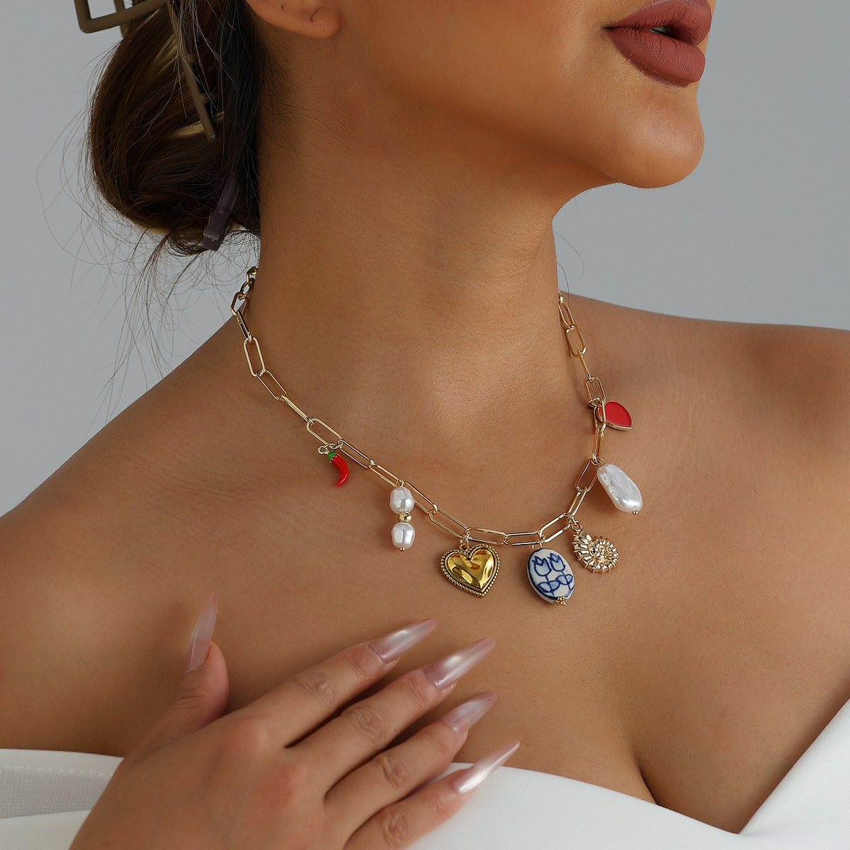 Playful Chili Pepper & Heart Charm Necklace