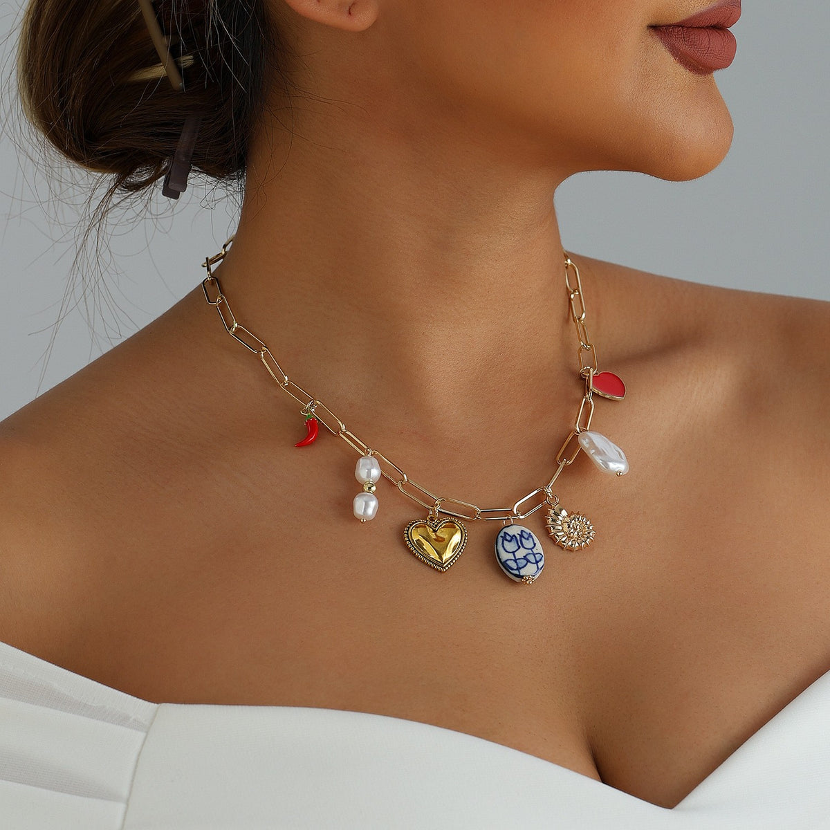 Playful Chili Pepper & Heart Charm Necklace