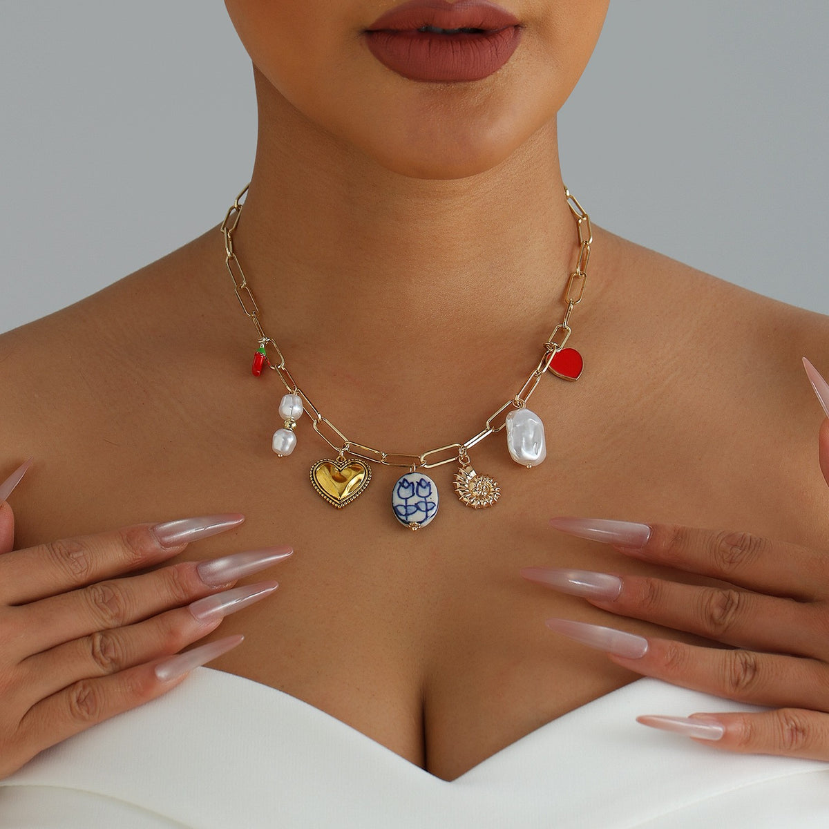 Playful Chili Pepper & Heart Charm Necklace