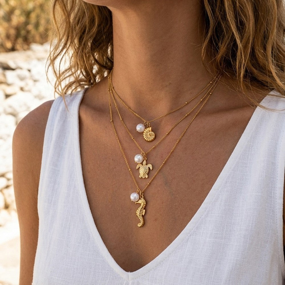 Dainty Faux Pearl Sea Animal Layered Necklace