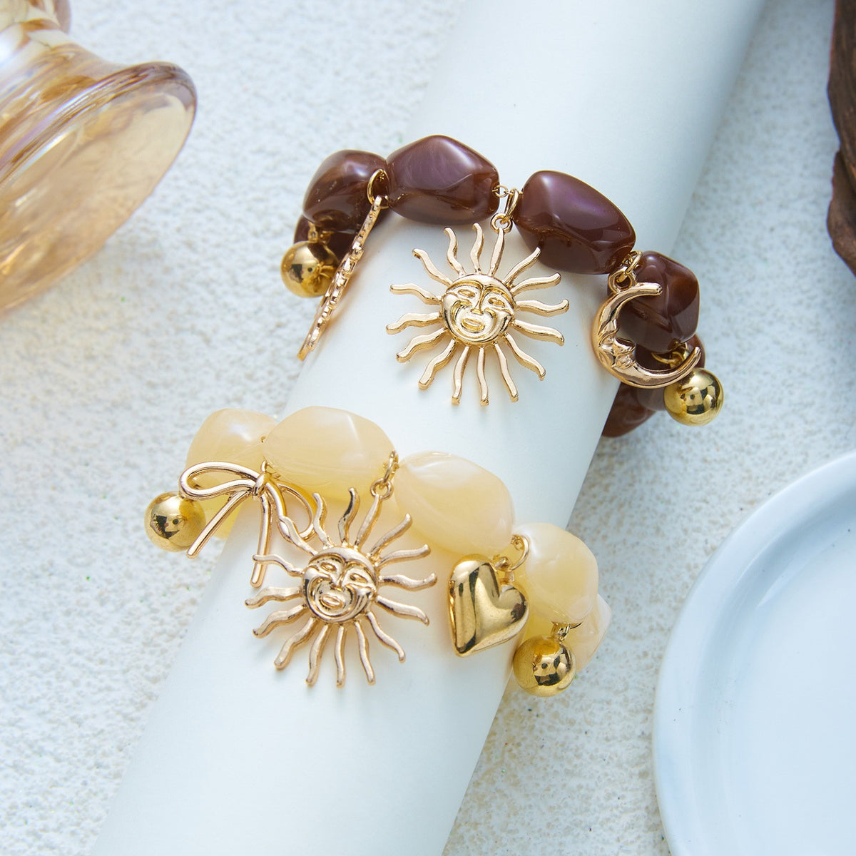 Boho Brown Resin Sun Moon Charm Bracelet