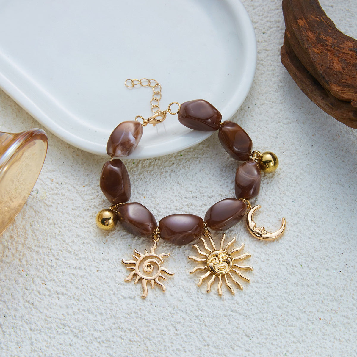Boho Brown Resin Sun Moon Charm Bracelet