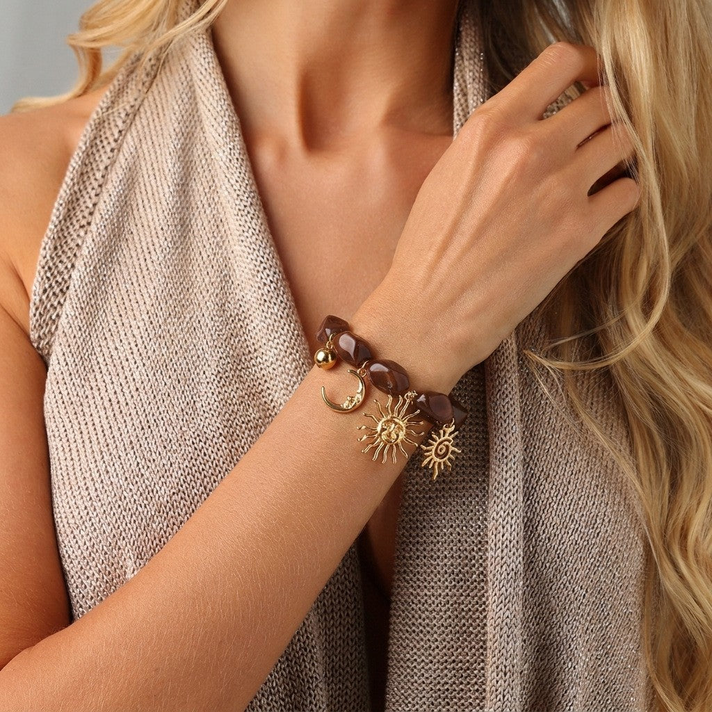 Boho Brown Resin Sun Moon Charm Bracelet