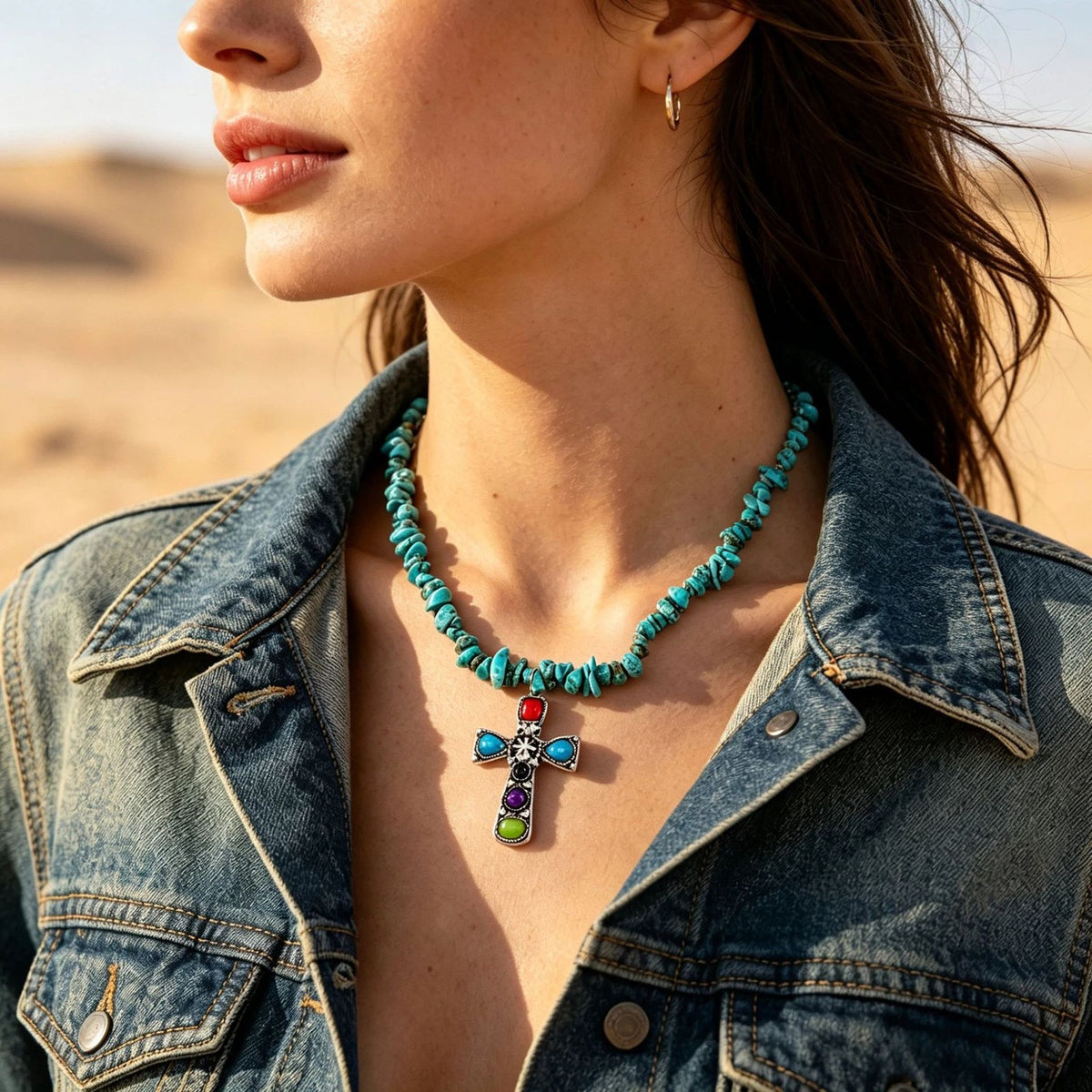 Vintage Turquoise Chip Chakra Cross Necklace