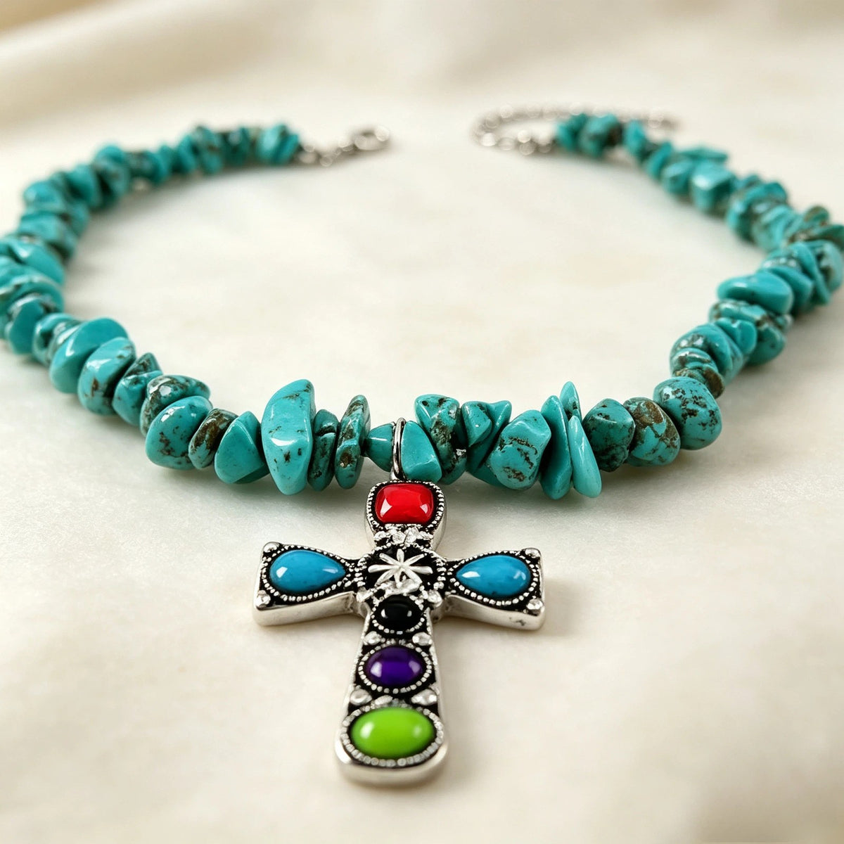 Vintage Turquoise Chip Chakra Cross Necklace