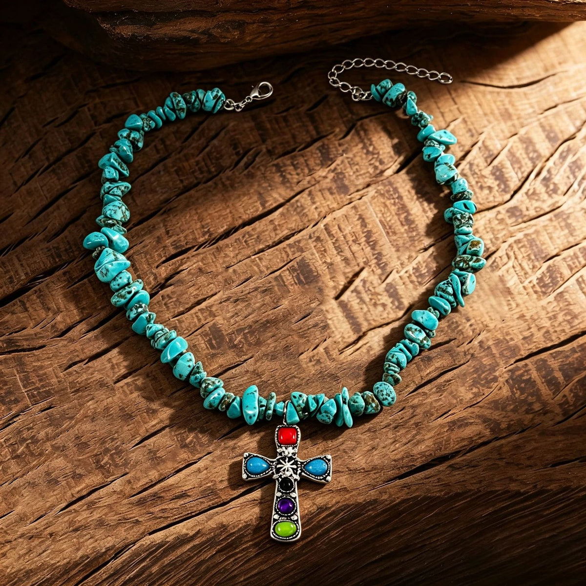 Vintage Turquoise Chip Chakra Cross Necklace