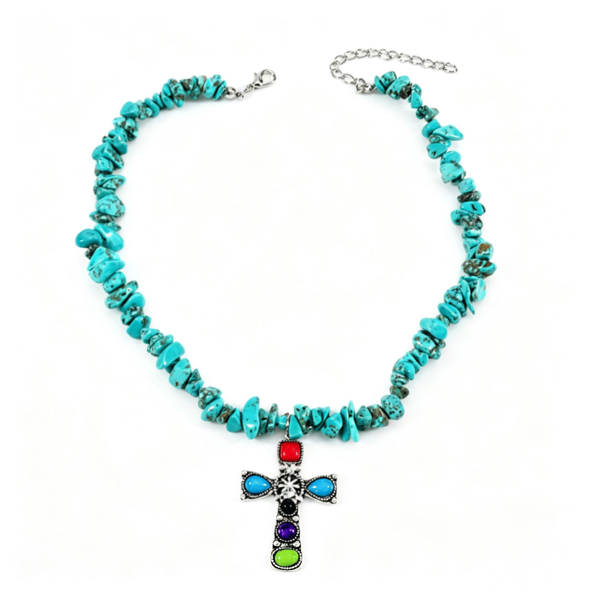 Vintage Turquoise Chip Chakra Cross Necklace