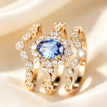 Classy Blue Oval Zircon 3pc Ring Set