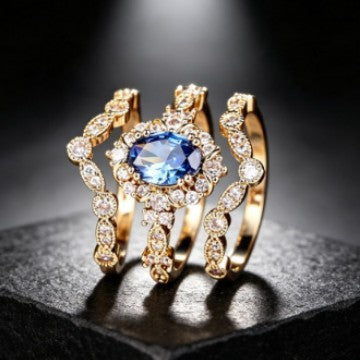 Classy Blue Oval Zircon 3pc Ring Set