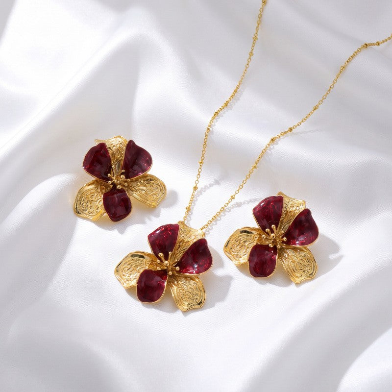 Romantic Wine Red Flower Necklace & Earring Set