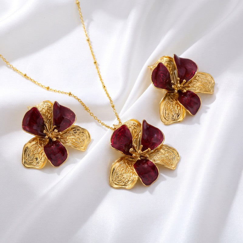 Romantic Wine Red Flower Necklace & Earring Set