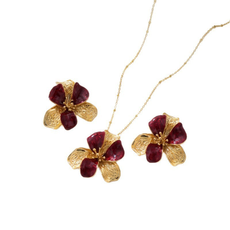Romantic Wine Red Flower Necklace & Earring Set