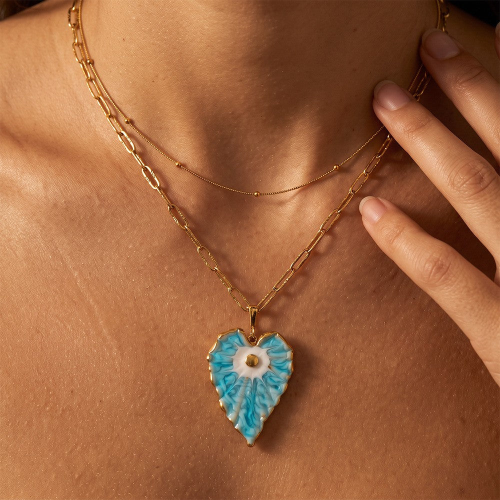 Vintage Blue Enamel Heart Necklace