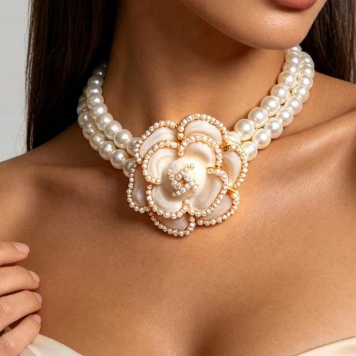 Elegant Layered Camellia Faux Pearl Choker Necklace
