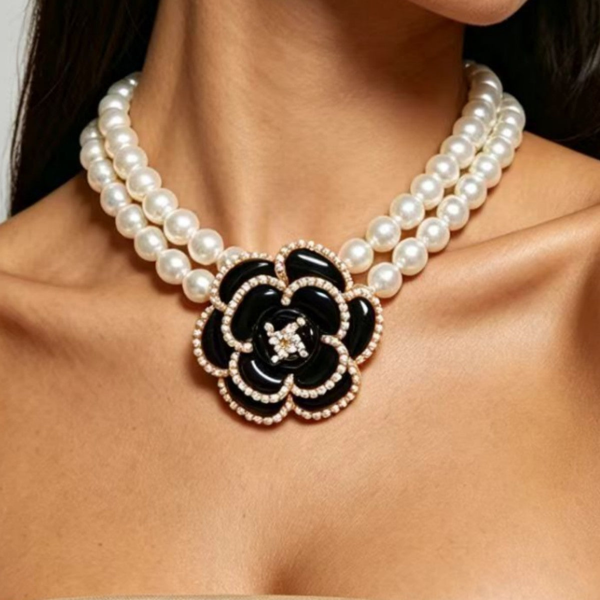 Elegant Layered Camellia Faux Pearl Choker Necklace