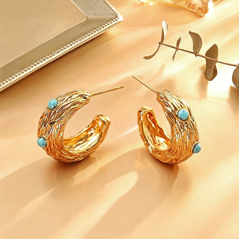 Classy Vintage Textured Turquoise C-Hoop Earrings