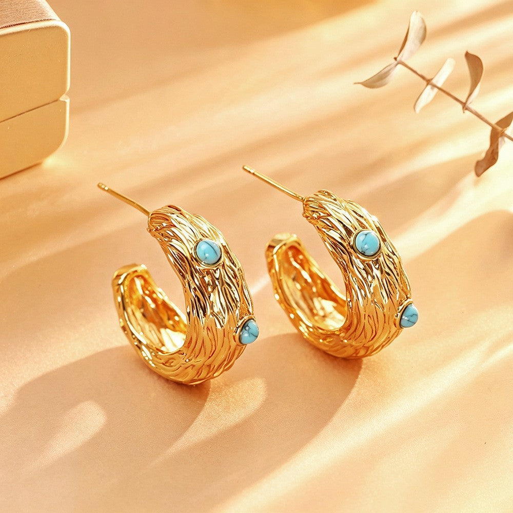 Classy Vintage Textured Turquoise C-Hoop Earrings