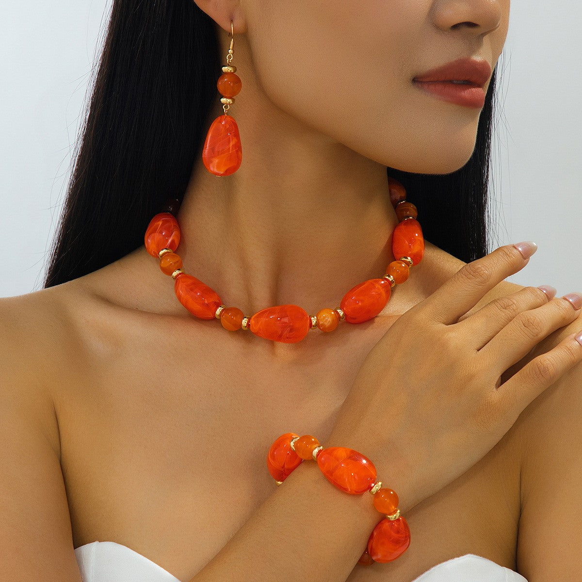 Classy Amber Acrylic Necklace, Bracelet & Earring Set