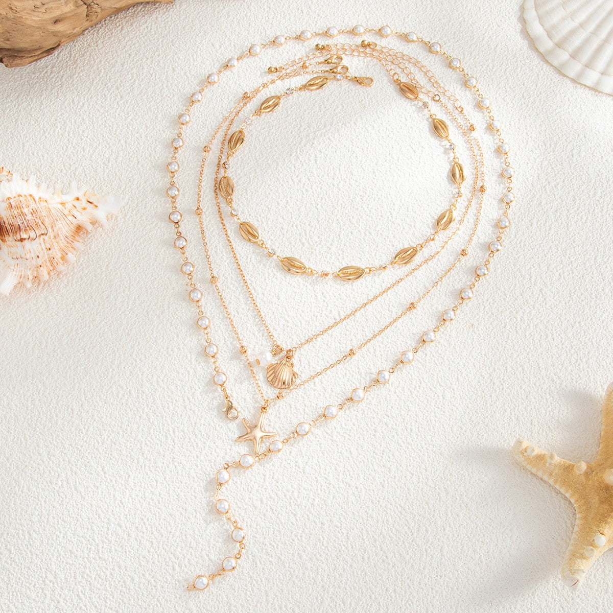 4pc Boho Layered Starfish & Pearl Necklace Set