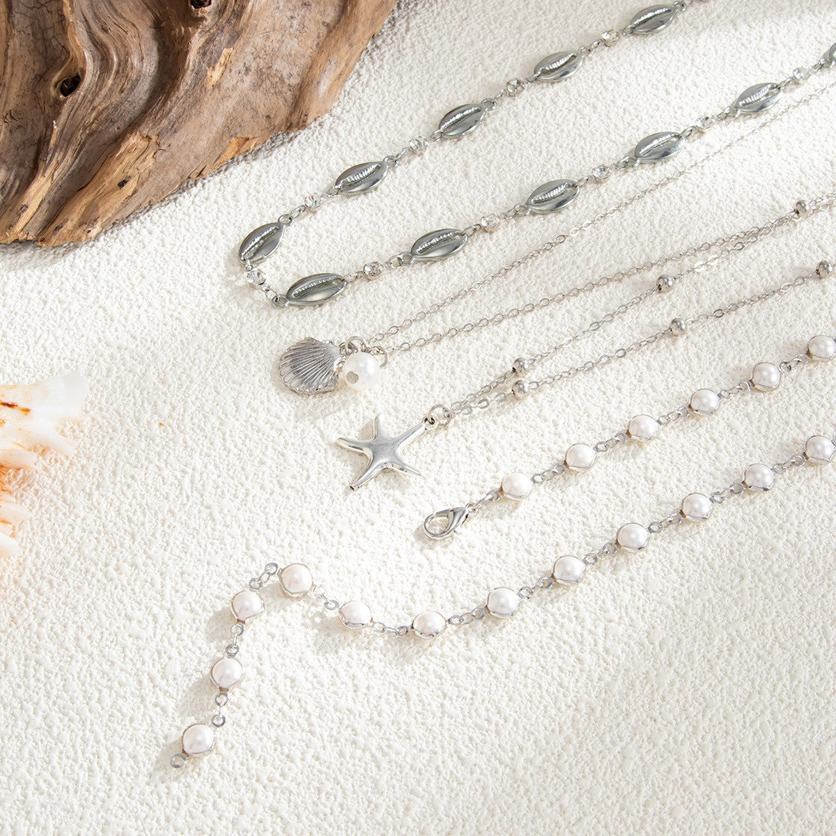 4pc Boho Layered Starfish & Pearl Necklace Set
