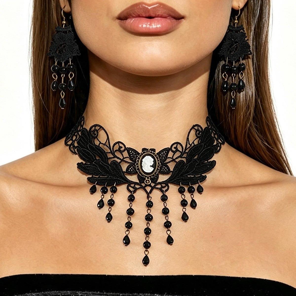 Gothic Lace Heart Choker Necklace & Earring Set