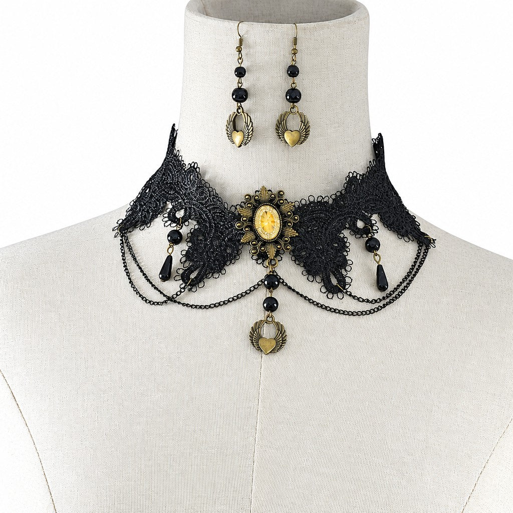 Gothic Lace Heart Choker Necklace & Earring Set
