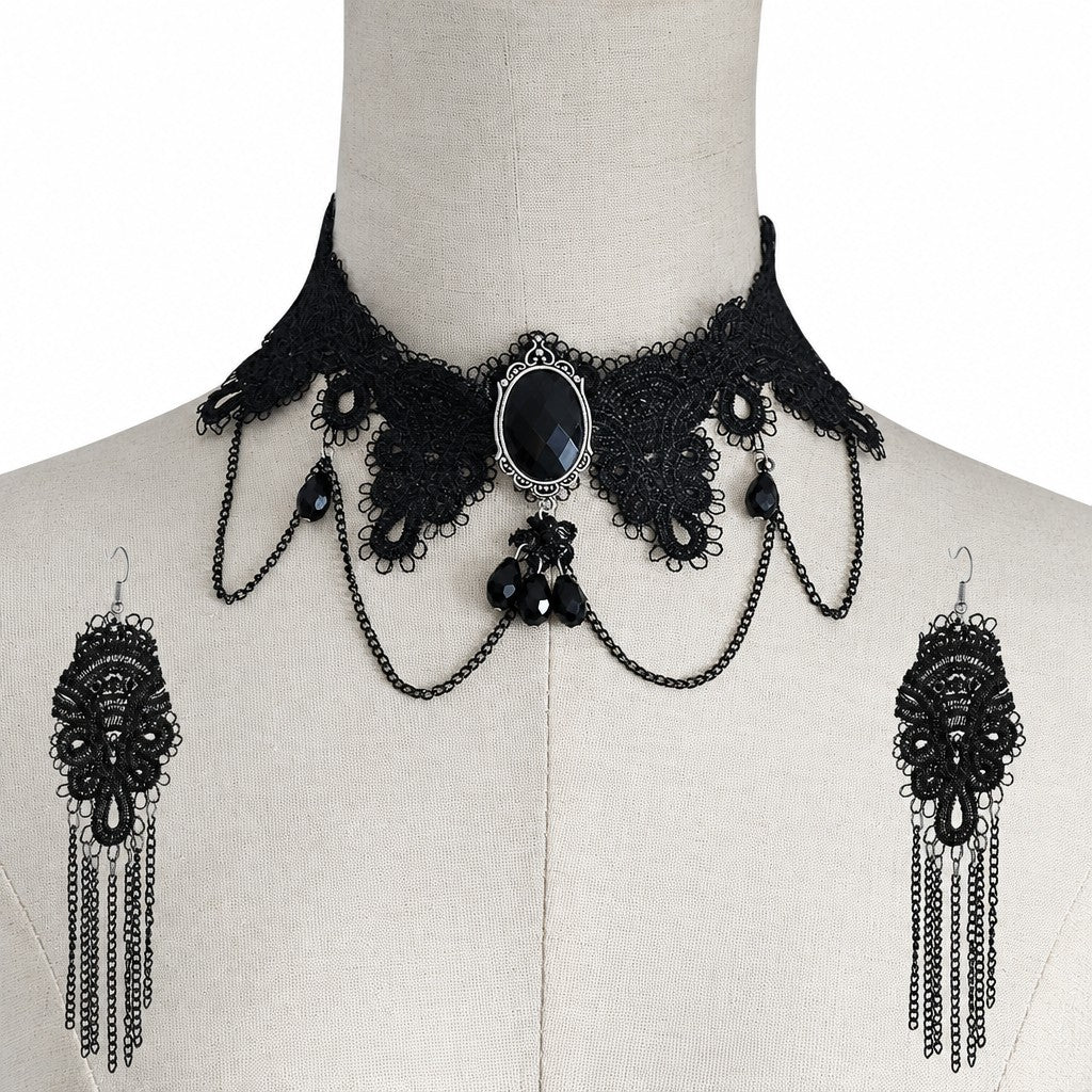 Gothic Lace Heart Choker Necklace & Earring Set