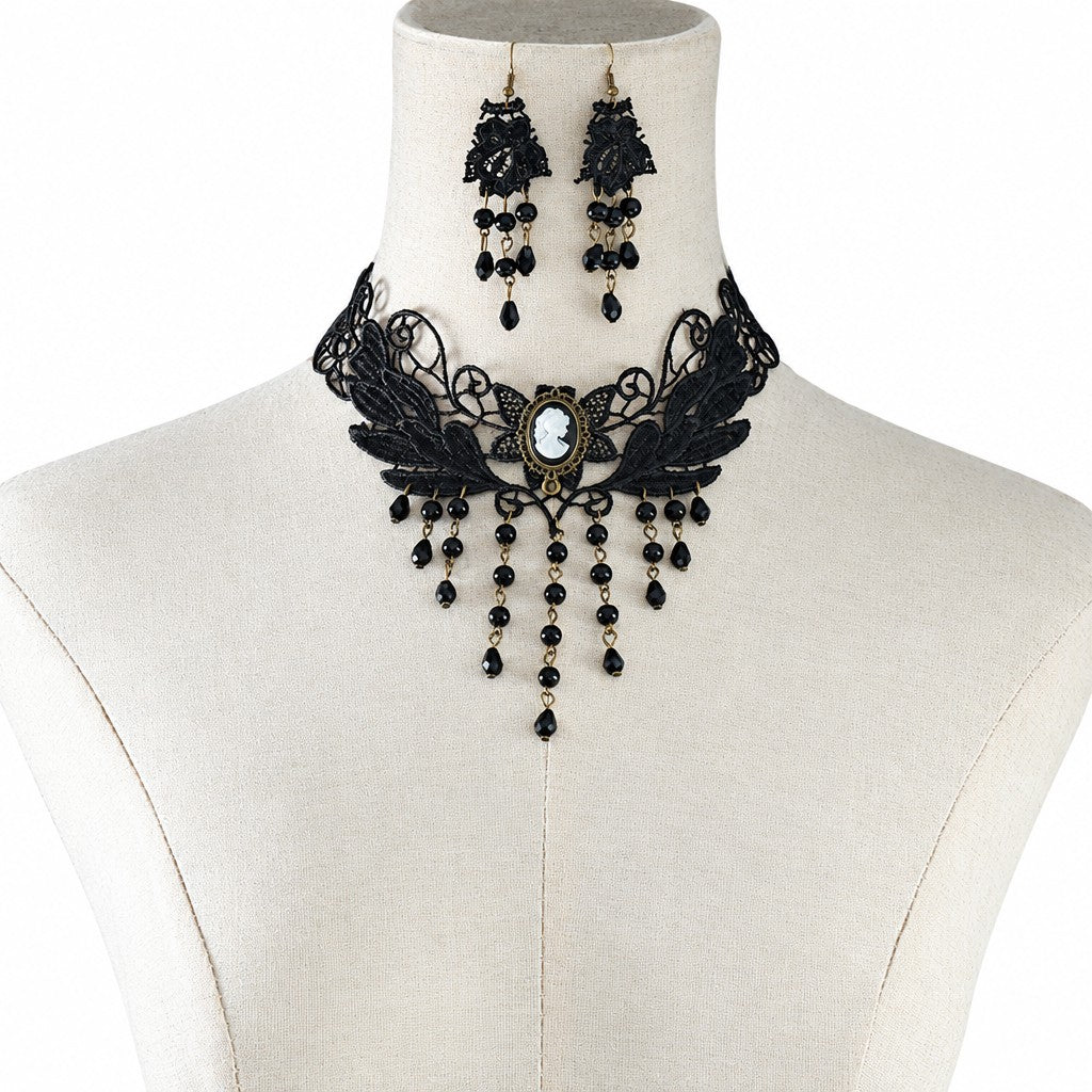 Gothic Lace Heart Choker Necklace & Earring Set