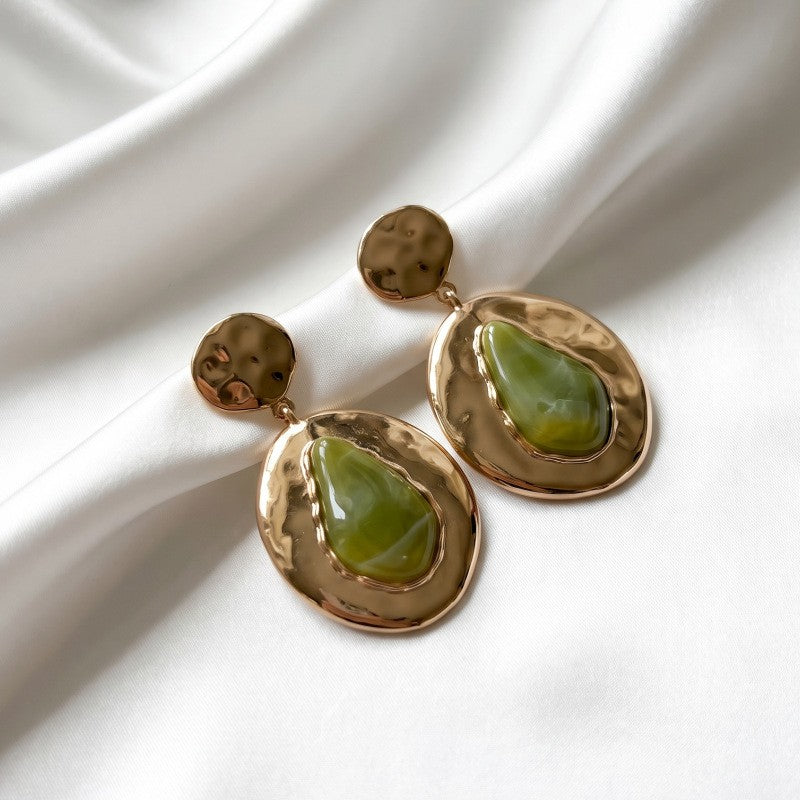 Classy Hammered Green Stone Drop Earrings