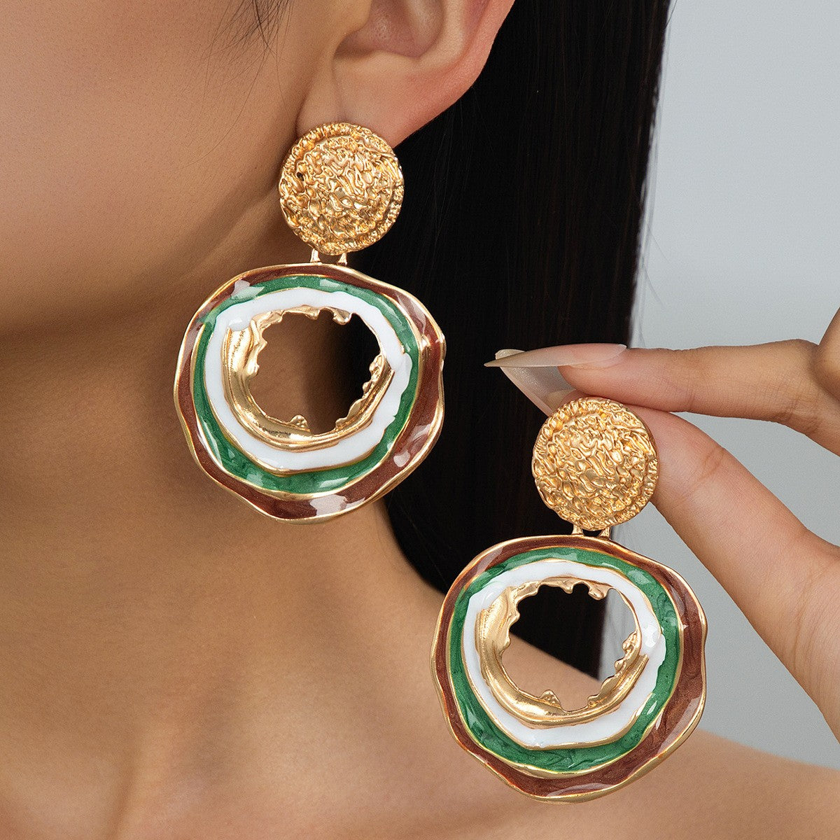Classy Textured Enamel Circle Drop Earrings