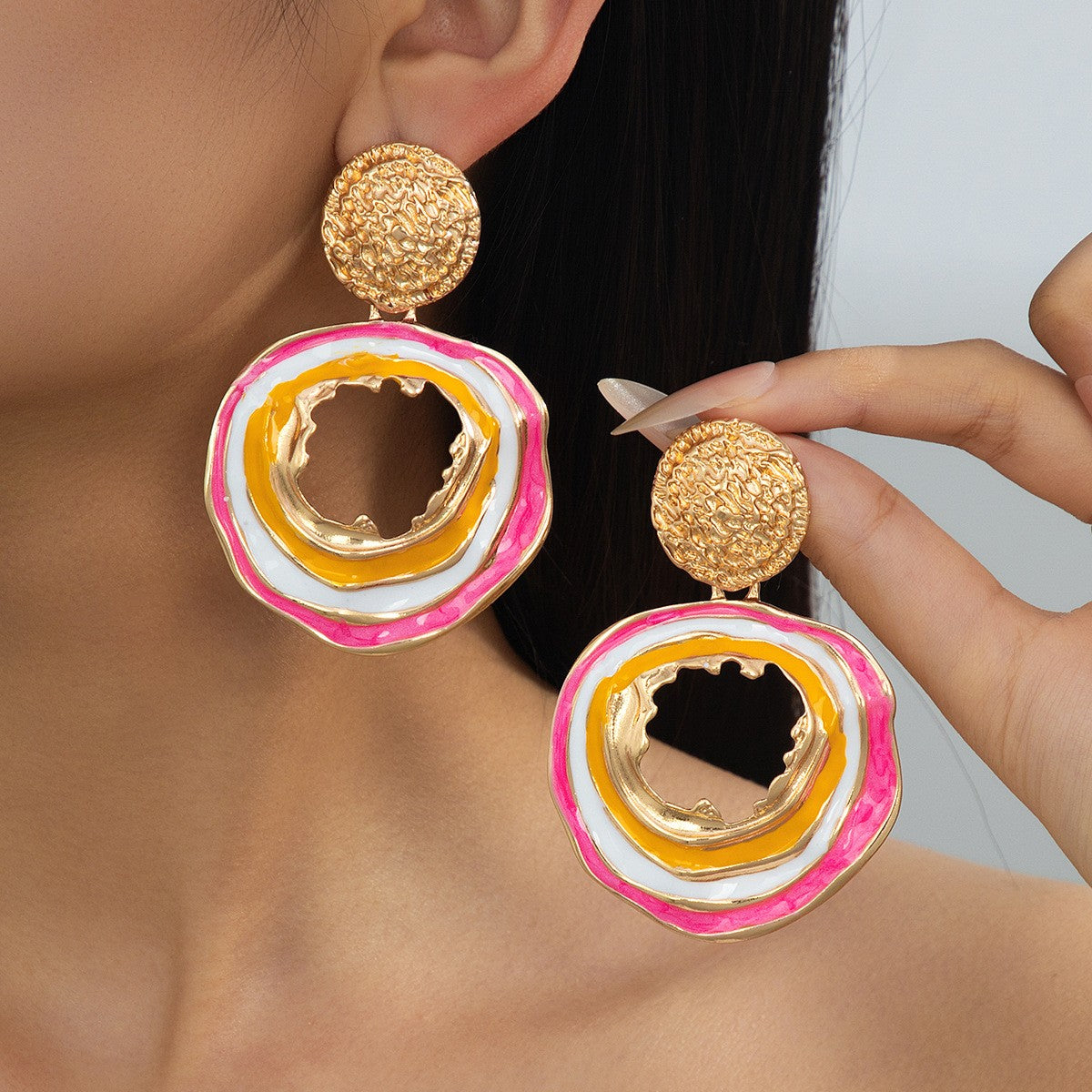Classy Textured Enamel Circle Drop Earrings