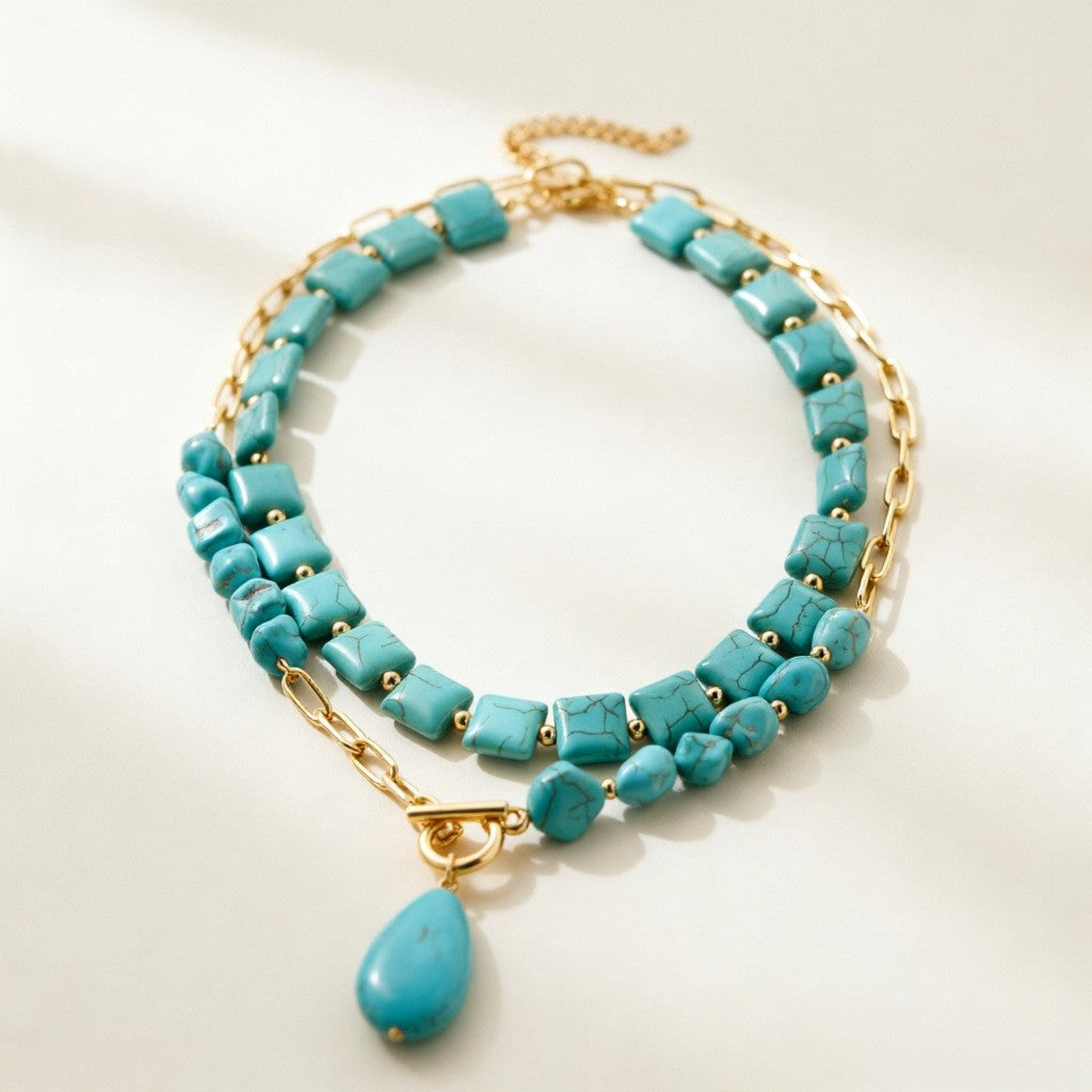 Boho Vintage Turquoise Square & Teardrop Necklace