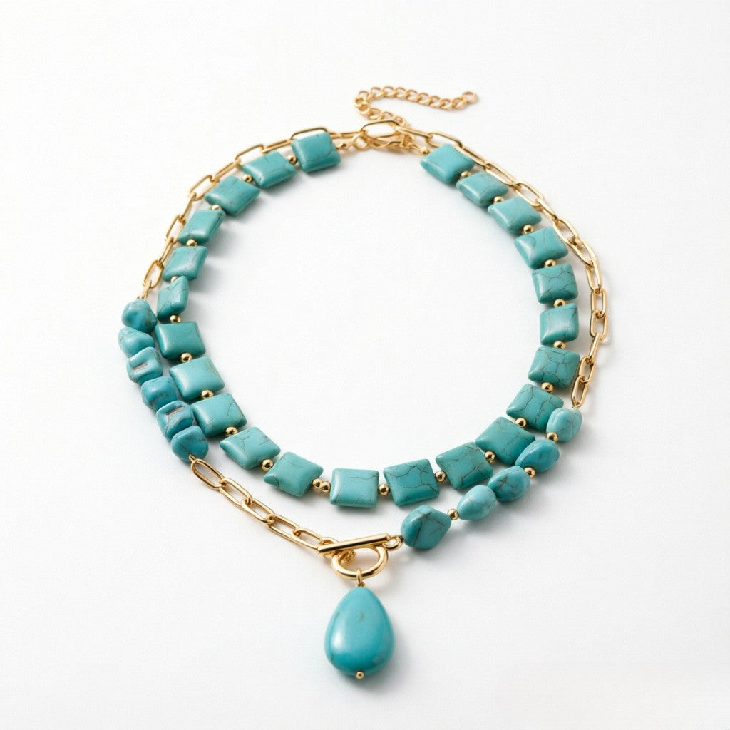 Boho Vintage Turquoise Square & Teardrop Necklace