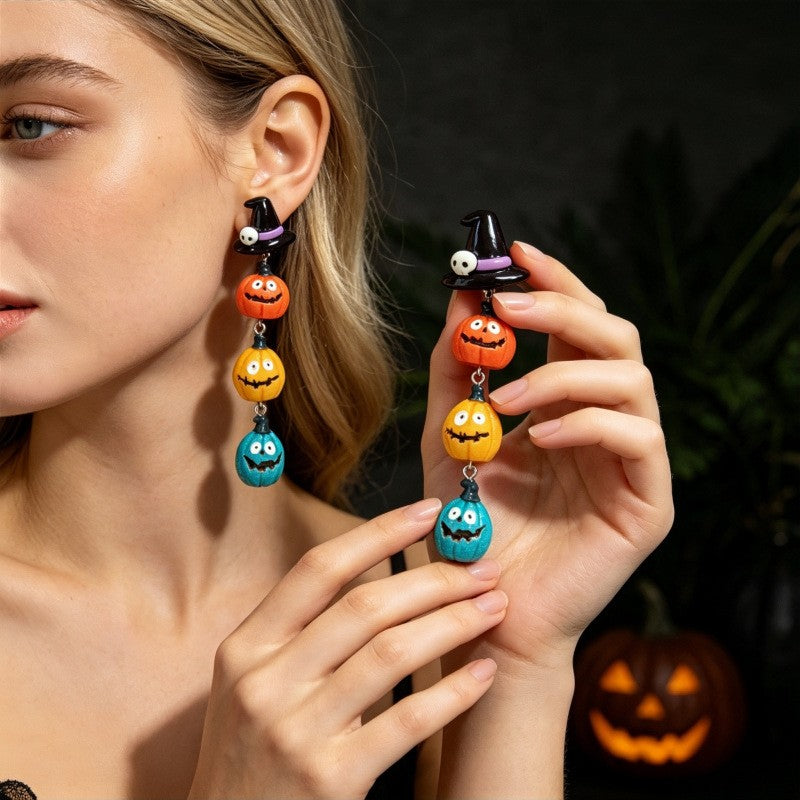 Cute Stacked Witch Hat Pumpkin Earrings