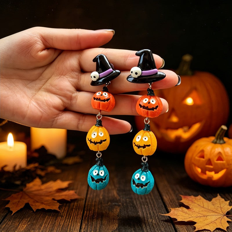 Cute Stacked Witch Hat Pumpkin Earrings