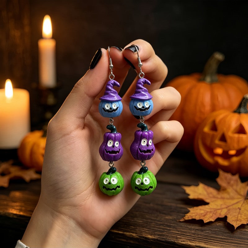 Cute Stacked Witch Hat Pumpkin Earrings