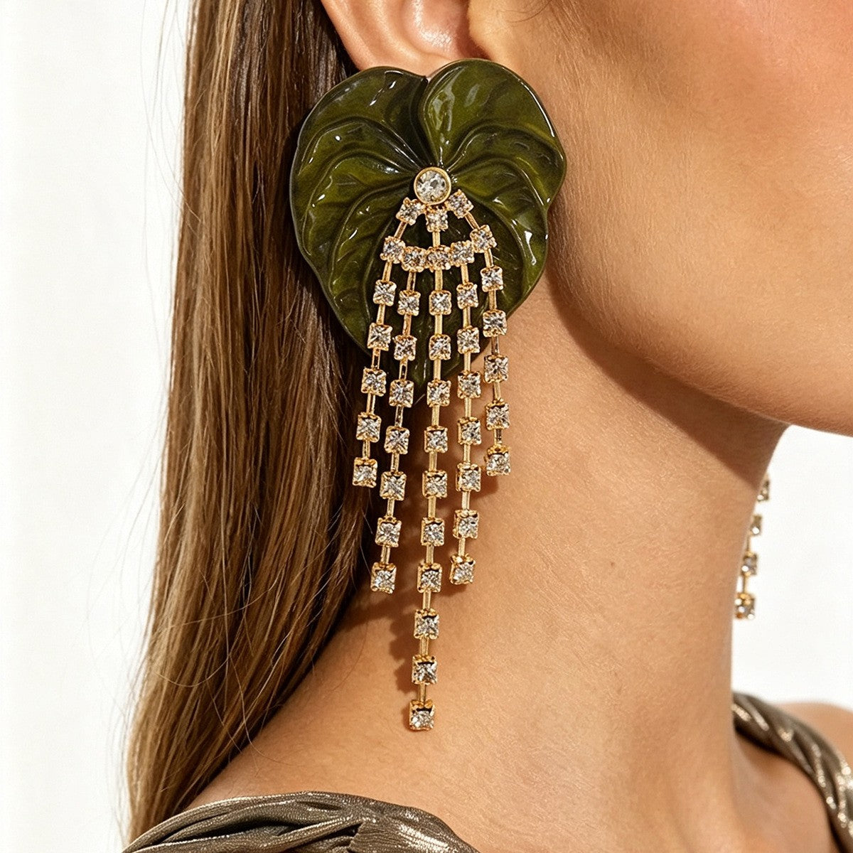 Classy Green Leaf Rhinestone Fringe Earrings