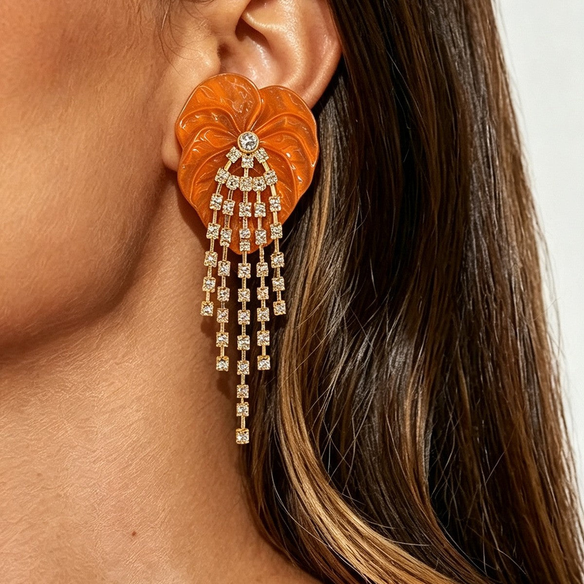 Classy Green Leaf Rhinestone Fringe Earrings