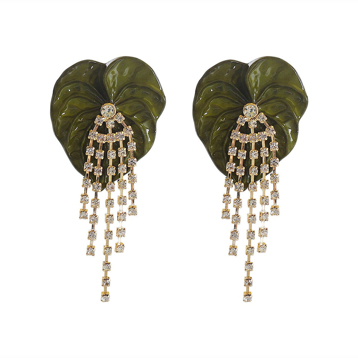 Classy Green Leaf Rhinestone Fringe Earrings