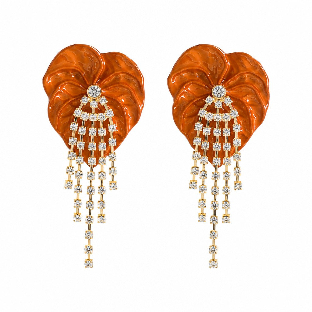 Classy Green Leaf Rhinestone Fringe Earrings
