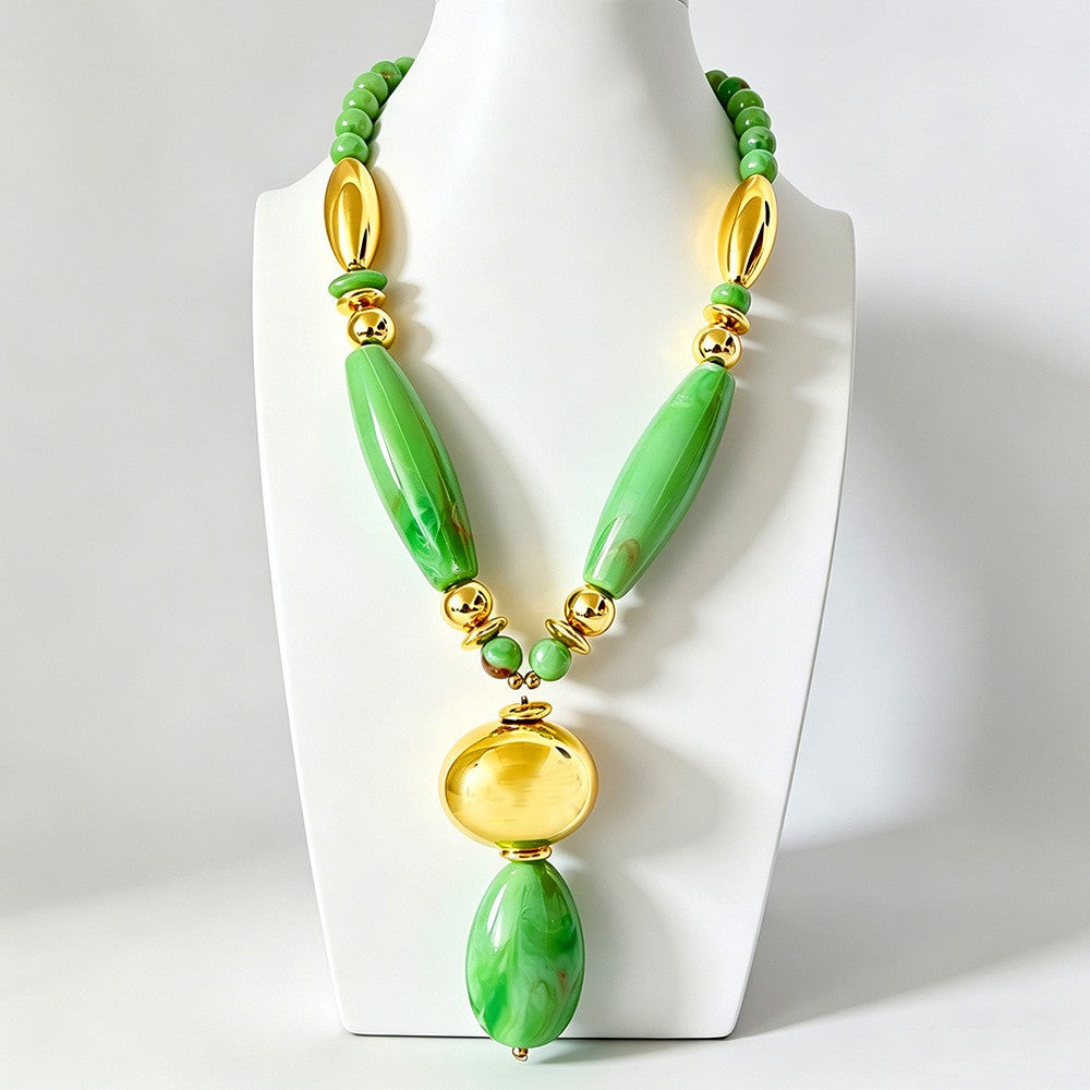 Elegant Green Marbled Acrylic Bead Necklace