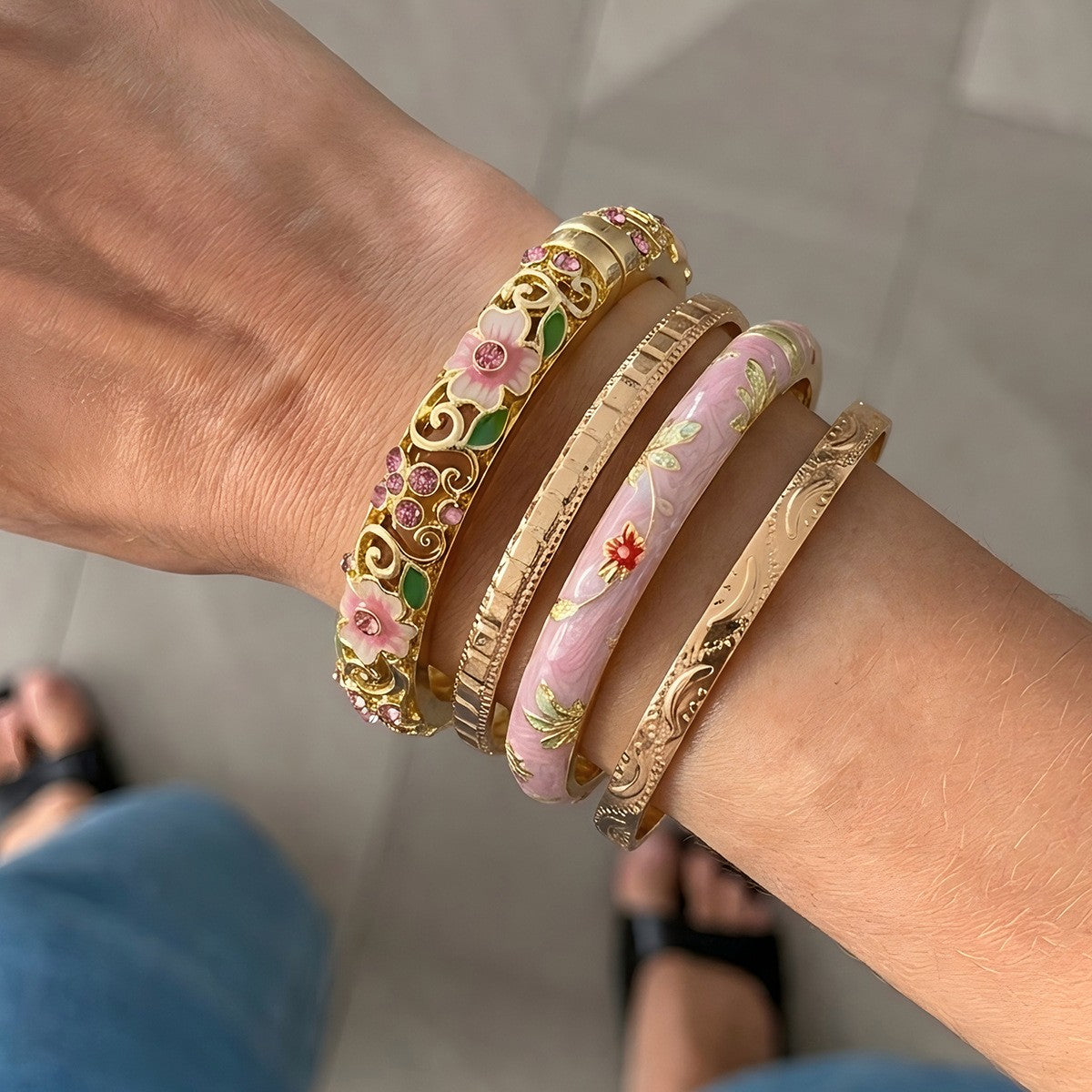 Romantic Enamel Floral Bangle Set