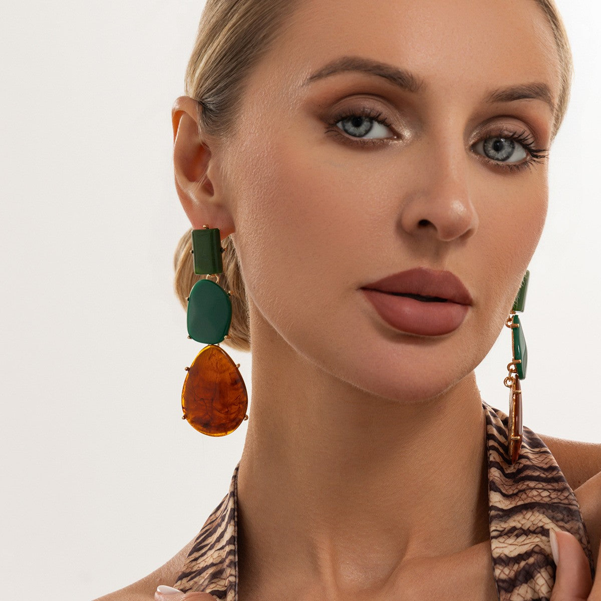 Classy Green Amber Geometric Drop Earrings