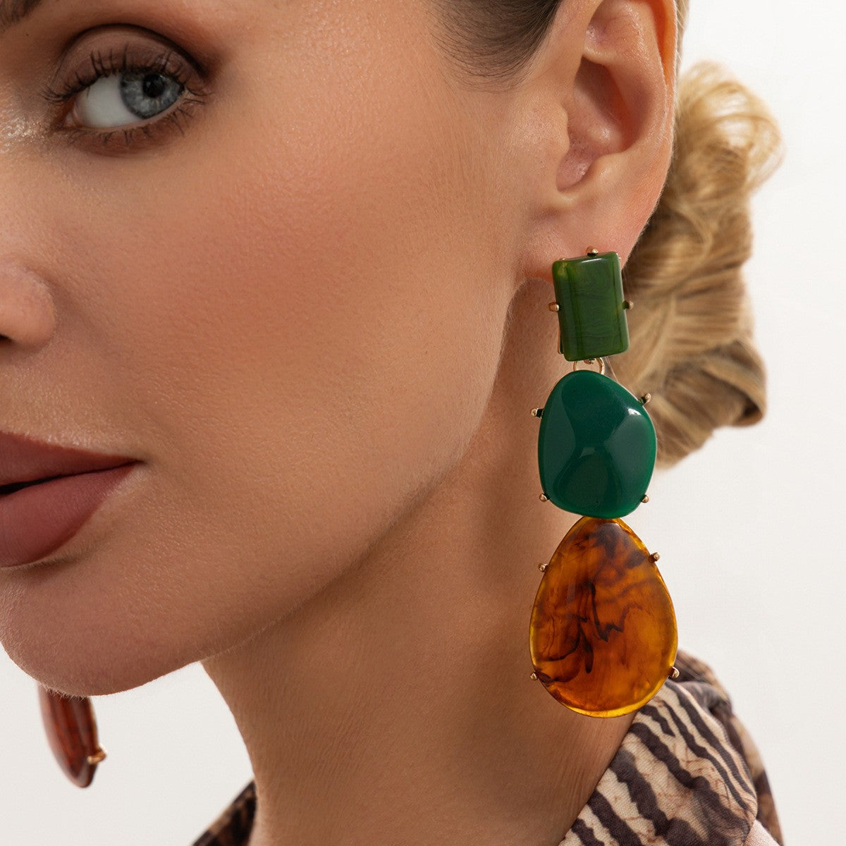Classy Green Amber Geometric Drop Earrings